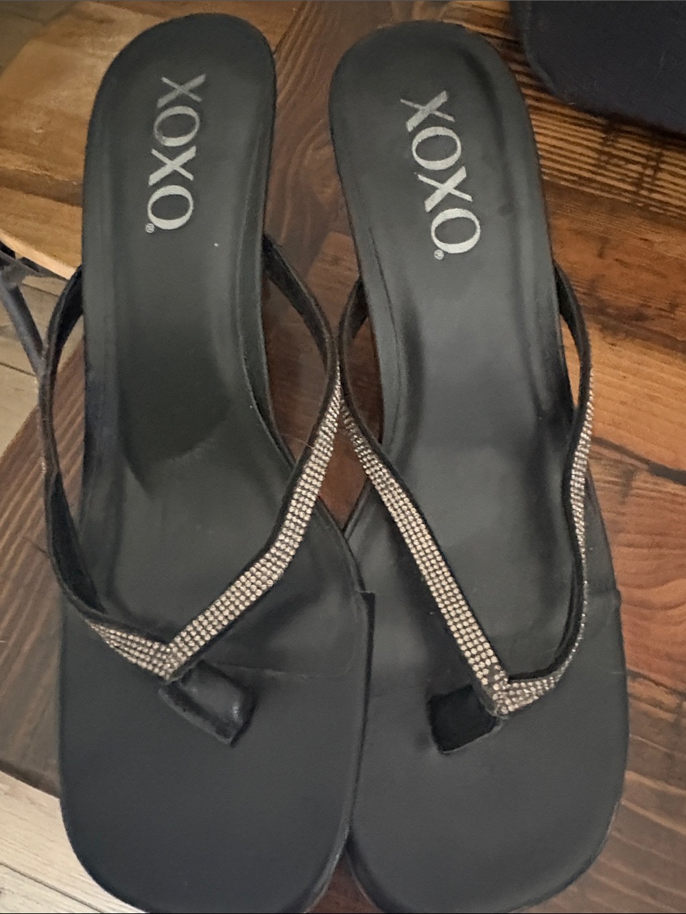 XOXO Women's Black Rhinestone Thong Heels!
